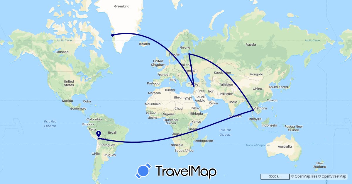TravelMap itinerary: driving in Bolivia, Greenland, Russia, Thailand, Turkey (Asia, Europe, North America, South America)